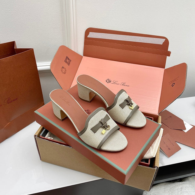 LP 26S HIGH HEEL SANDALS IN LIGHT BEIGE CANVAS AND GREY CALFSKIN