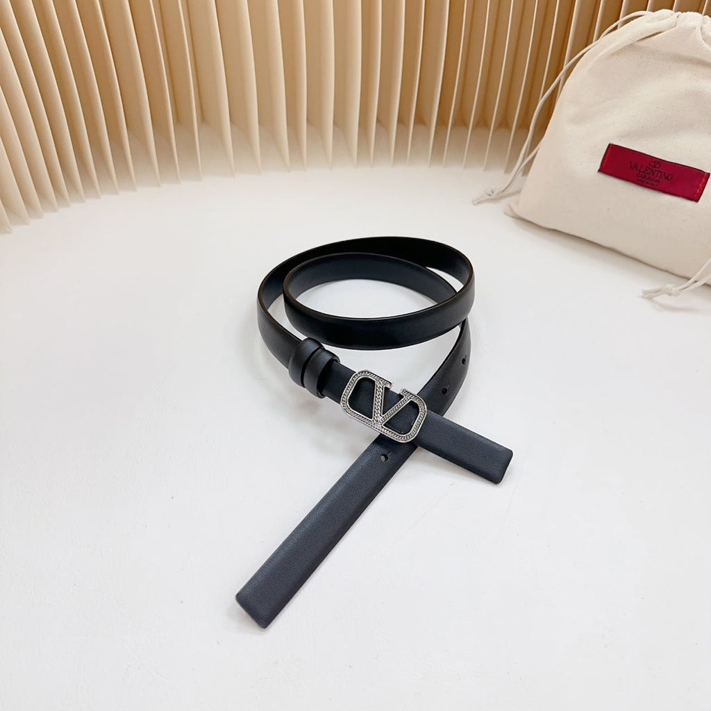 Vlogo Buckle Water Wave Silver Copper Glossy Black Leather 20mm Belt