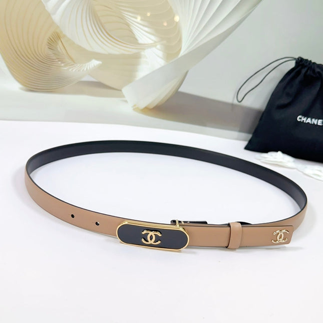 CC BELT 20 MM IN CAMEL BROWN CALFSKIN WITH GOLD MIX BLACK METAL BUCKLE