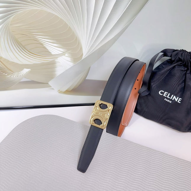 CL MEDIUM 25 MM REVERSIBLE FRAMED TRIOMPHE BELT BLACK AND BRONZE BROWN CALFSKIN LIGHT GOLD HARDWARE