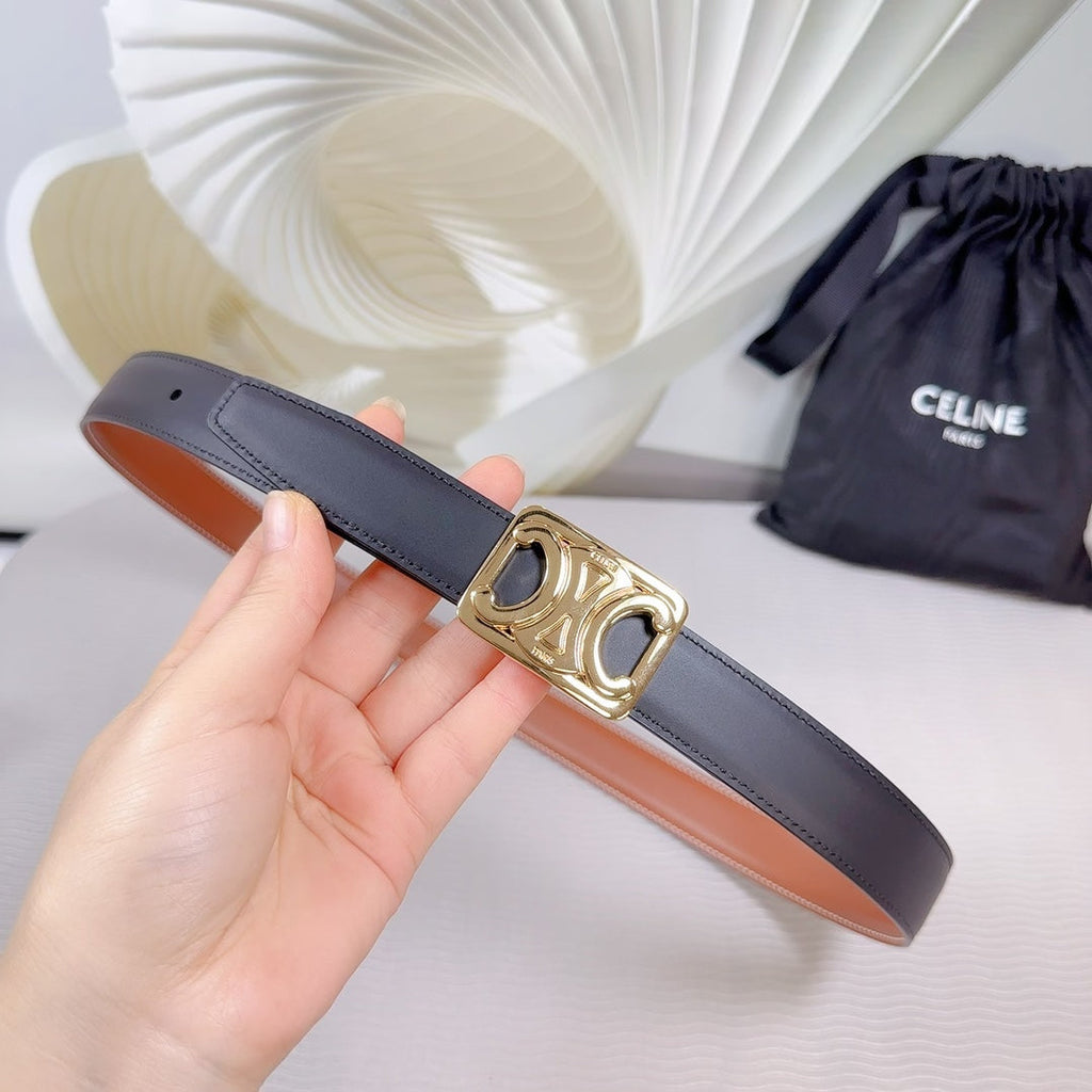 CL MEDIUM 25 MM REVERSIBLE FRAMED TRIOMPHE BELT BLACK AND BRONZE BROWN CALFSKIN LIGHT GOLD HARDWARE