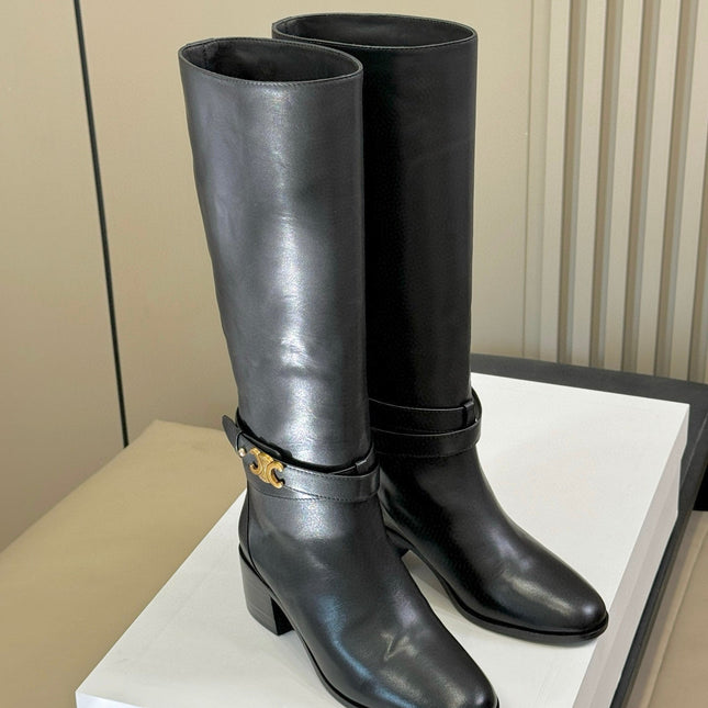 CELINE 26S HIGH-TOP HEELED BOOTS IN BLACK CALFSKIN