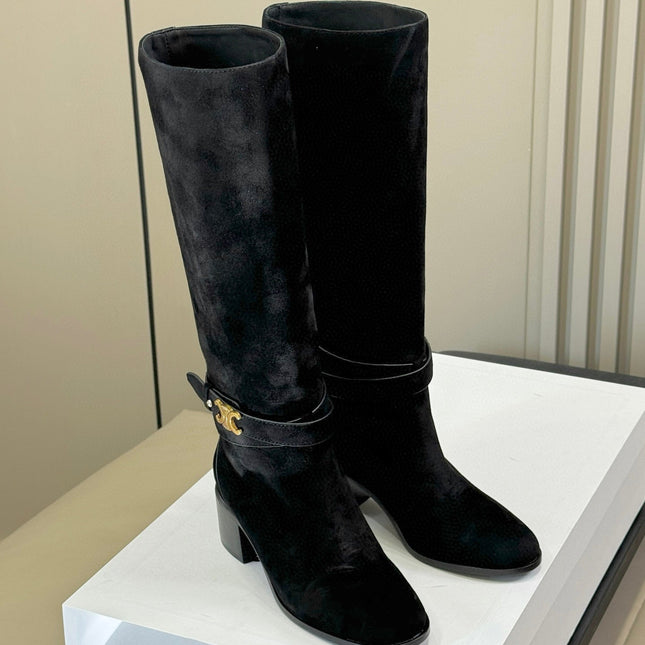 CELINE 26S HIGH-TOP BOOTS IN BLACK SUEDE WITH GOLD HARDWARE