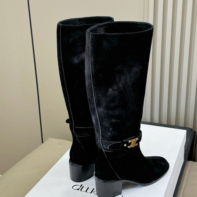 CELINE 26S HIGH-TOP BOOTS IN BLACK SUEDE WITH GOLD HARDWARE