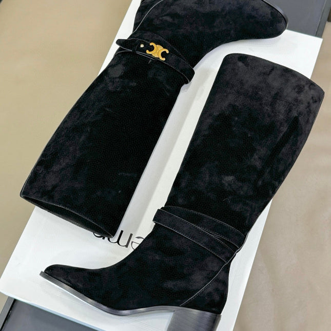CELINE 26S HIGH-TOP BOOTS IN BLACK SUEDE WITH GOLD HARDWARE