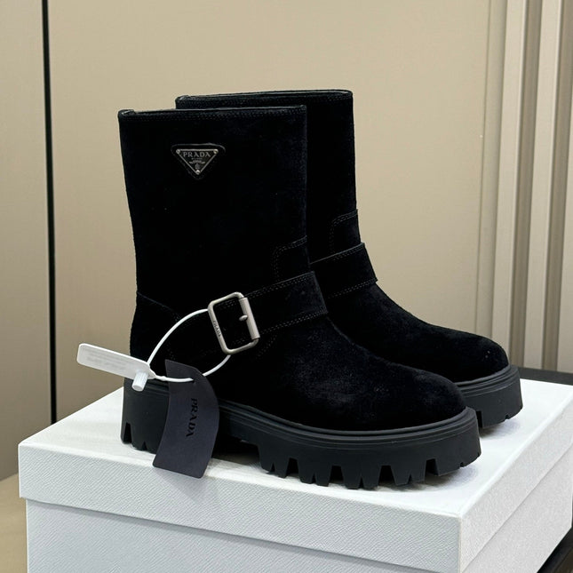 PRADA 25S PLATFORM ANKLE BOOTS IN BLACK SUEDE WITH SILVER HARDWARE