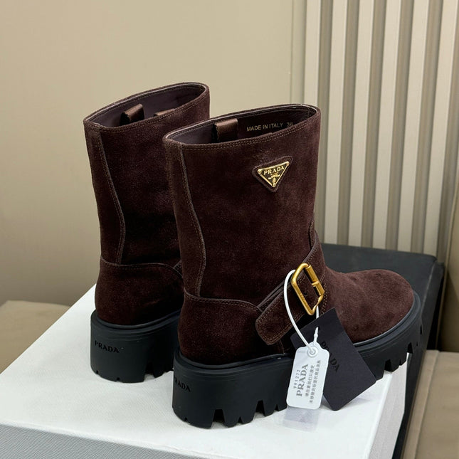 PRADA 25S PLATFORM ANKLE BOOTS IN DARK BROWN SUEDE WITH GOLD HARDWARE