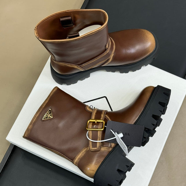 PRADA 25S PLATFORM ANKLE BOOTS IN DARK BROWN CALFSKIN WITH GOLD HARDWARE