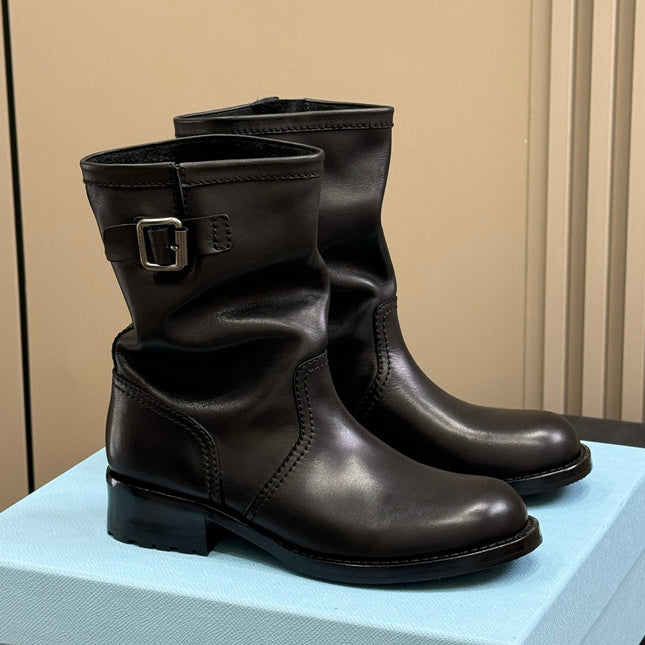 PRADA 25S ANKLE BOOTS IN DARK BLACK BROWN CALFSKIN