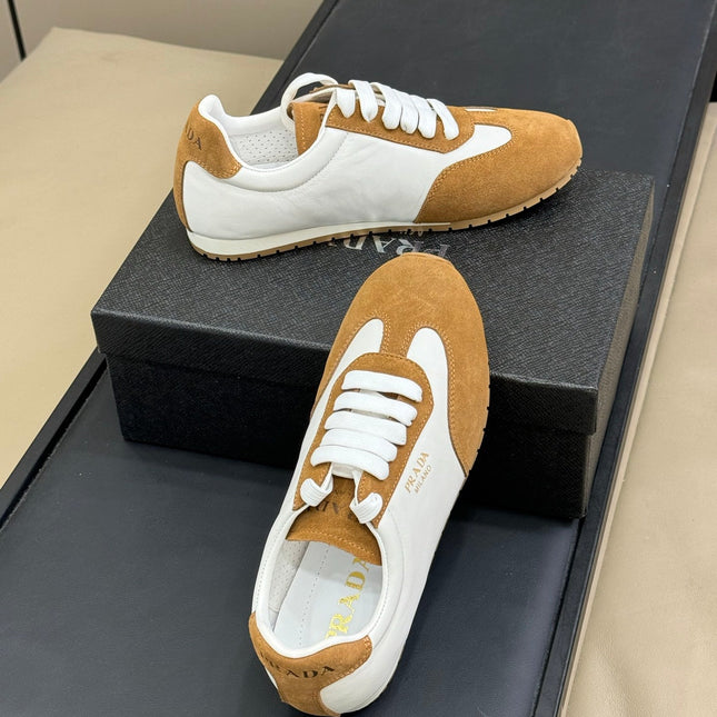 PRADA 25S SNEAKER IN WHITE MIX CAMEL BROWN SUEDE STYLE 4