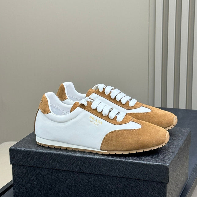 PRADA 25S SNEAKER IN WHITE MIX CAMEL BROWN SUEDE STYLE 4