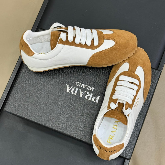 PRADA 25S SNEAKER IN WHITE MIX CAMEL BROWN SUEDE STYLE 4
