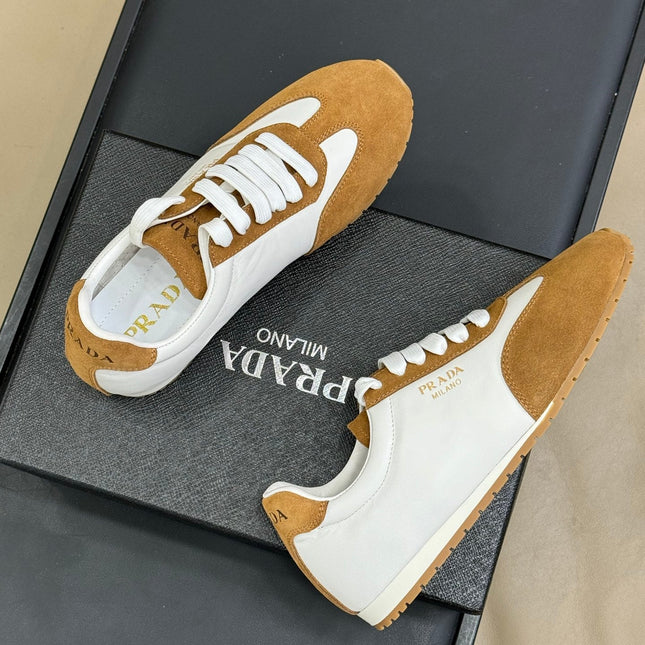 PRADA 25S SNEAKER IN WHITE MIX CAMEL BROWN SUEDE STYLE 4