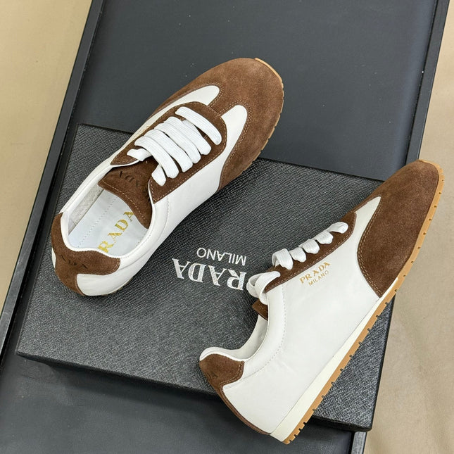 PRADA 25S SNEAKER IN WHITE MIX BROWN SUEDE STYLE 1