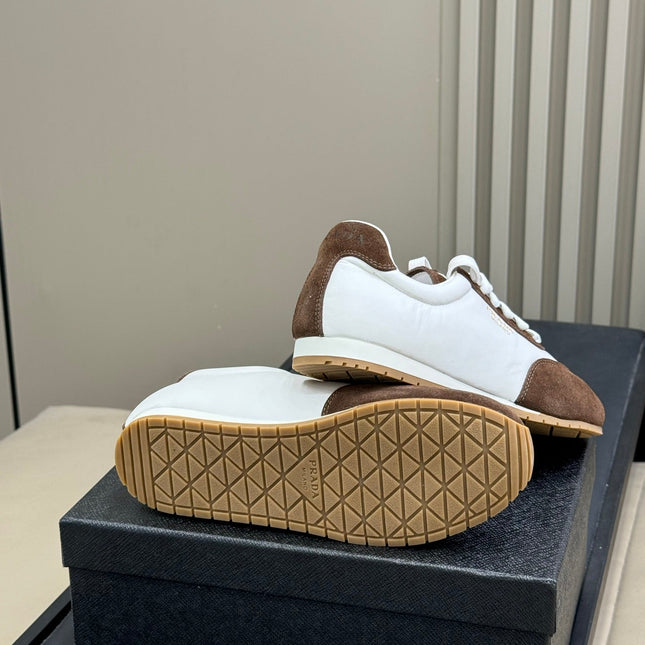 PRADA 25S SNEAKER IN WHITE MIX BROWN SUEDE STYLE 1