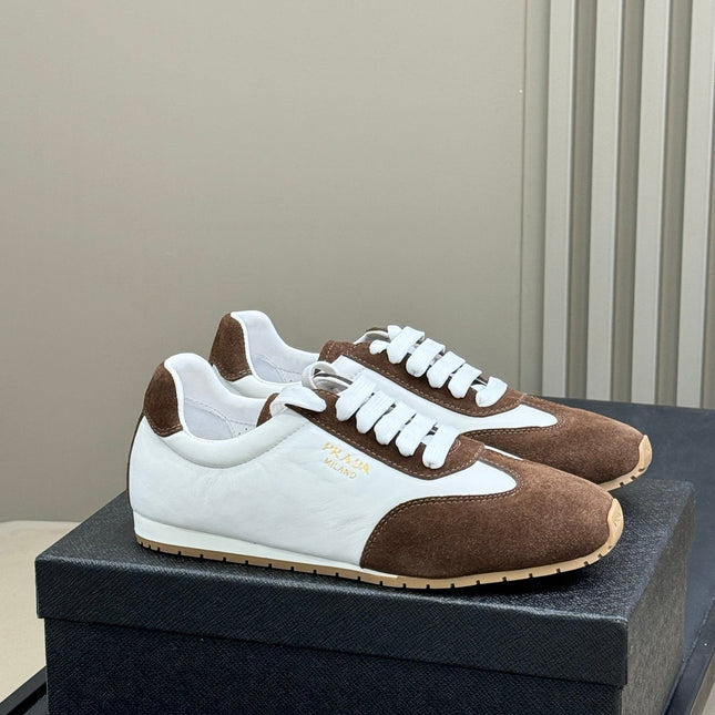 PRADA 25S SNEAKER IN WHITE MIX BROWN SUEDE STYLE 1