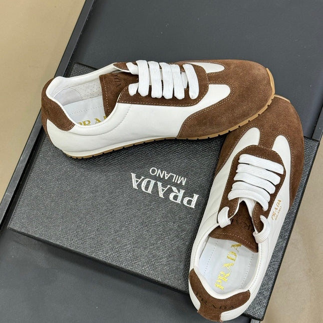 PRADA 25S SNEAKER IN WHITE MIX BROWN SUEDE STYLE 1