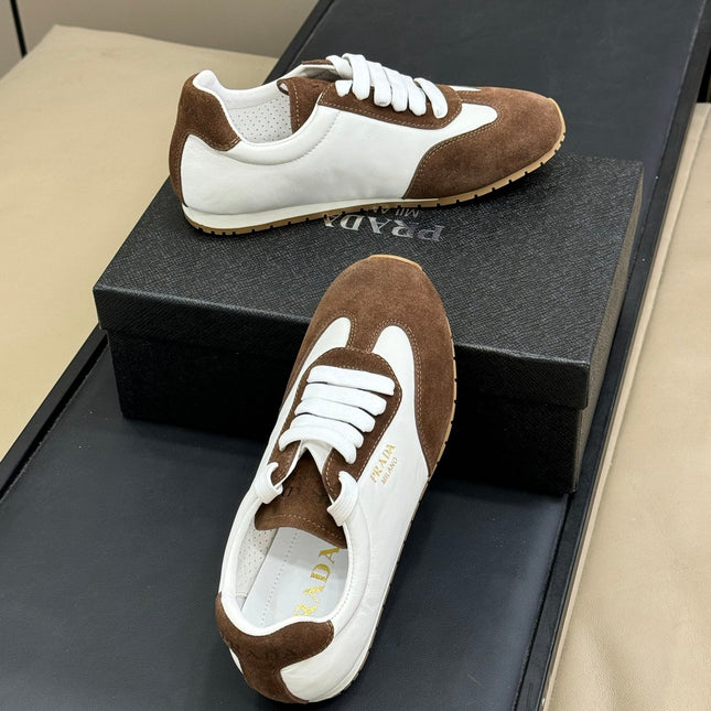 PRADA 25S SNEAKER IN WHITE MIX BROWN SUEDE STYLE 1
