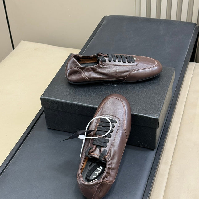 PRADA 25S COLLAPSE FLAT SHOES IN DARK BROWN CALFSKIN