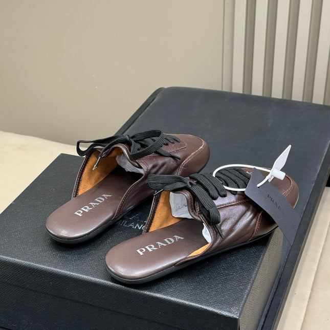 PRADA 25S COLLAPSE MULES IN DARK BROWN CALFSKIN