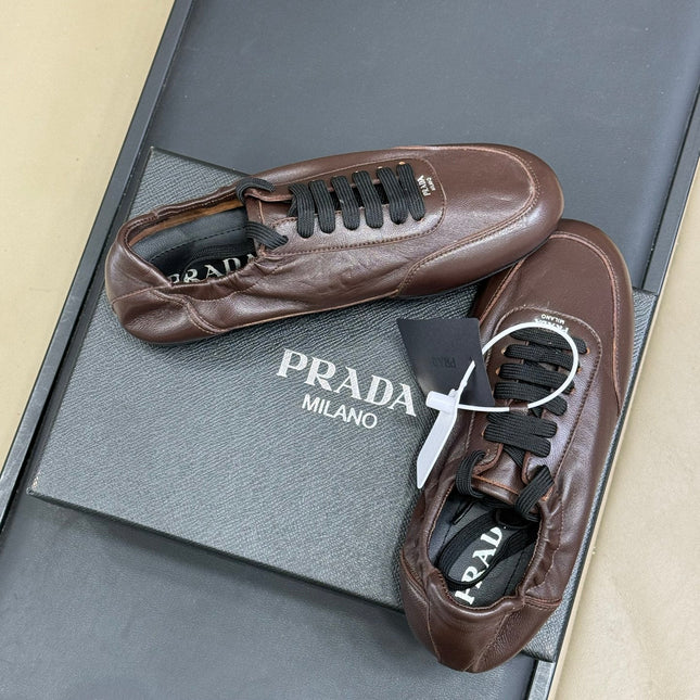 PRADA 25S COLLAPSE FLAT SHOES IN DARK BROWN CALFSKIN