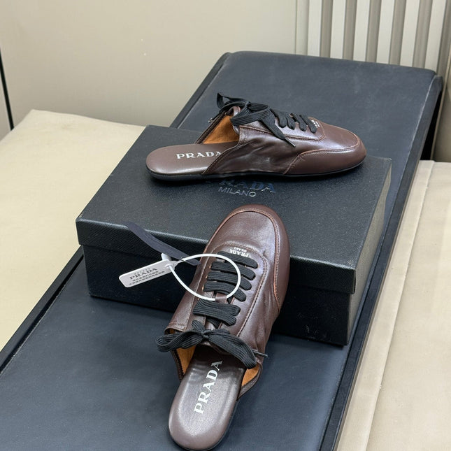 PRADA 25S COLLAPSE MULES IN DARK BROWN CALFSKIN