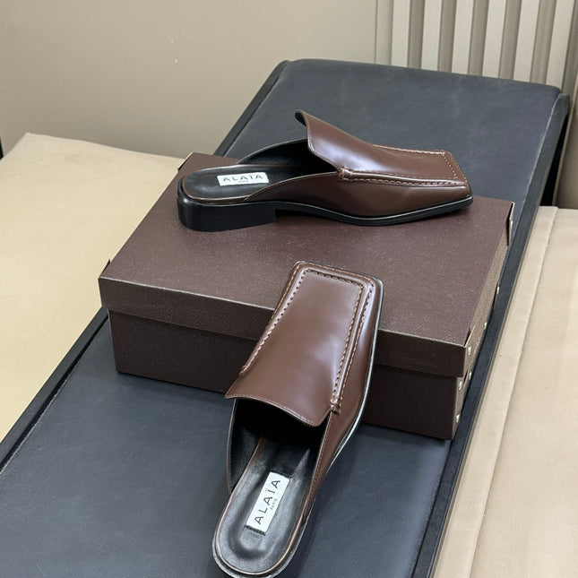 ALAIA 25S SQUARE LOAFER MULES IN BROWN CALFSKIN
