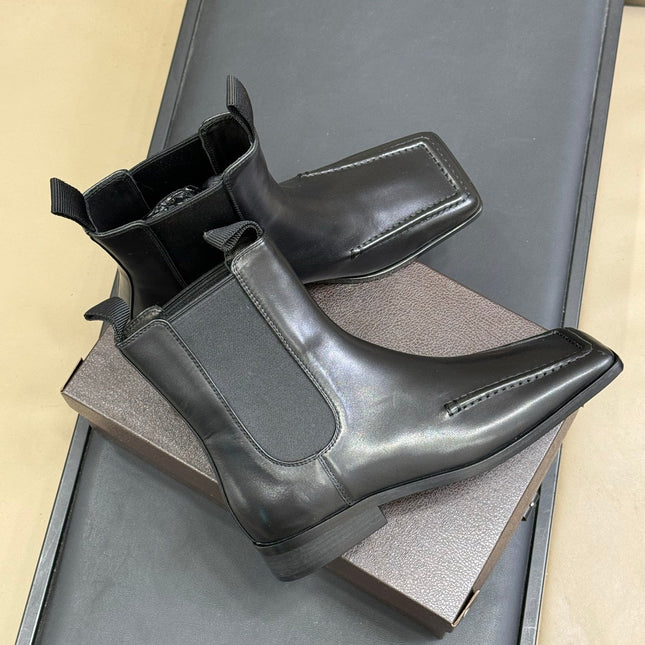 ALAIA 25S SQUARE TOE CHELSEA ANKLE BOOTS SHOES IN BLACK CALFSKIN