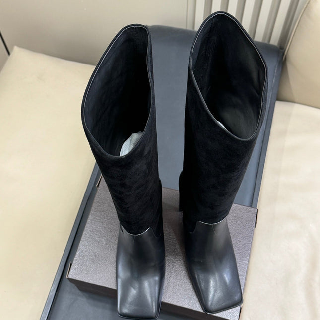 ALAIA 25S KNEE BOOTS IN BLACK CALFSKIN AND SUEDE