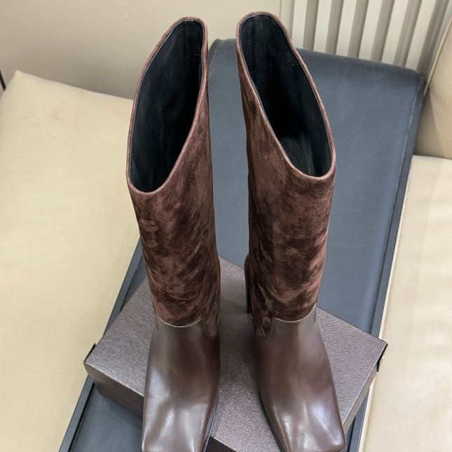 ALAIA 25S KNEE BOOTS IN BROWN CALFSKIN AND SUEDE