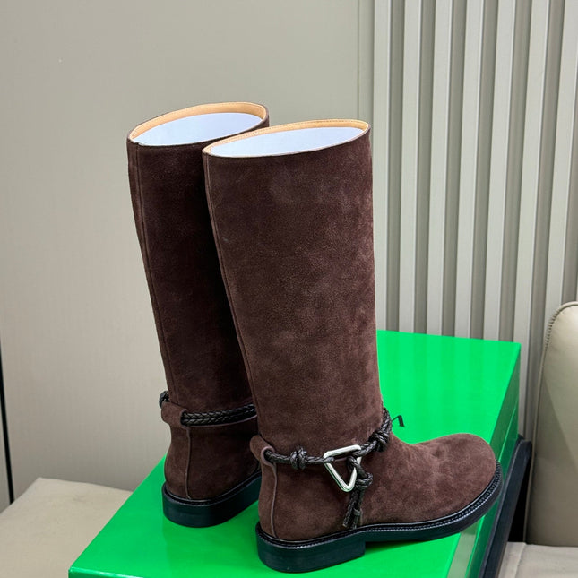 BOTTEGA VENETA 26S TALL BOOTS IN DARK BROWN SUEDE