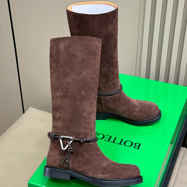 BOTTEGA VENETA 26S TALL BOOTS IN DARK BROWN SUEDE