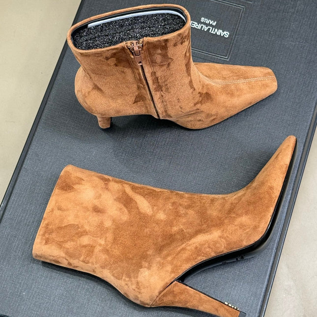 YSL 26S HEELED BOOTS IN LIGHT BROWN SUEDE