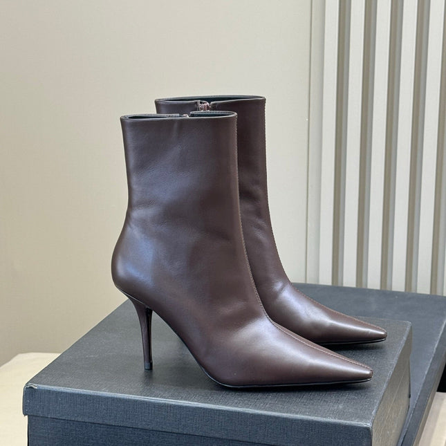 YSL 26S ZIPPERED HEELED BOOTS IN DUSTY BROWN CALFSKIN