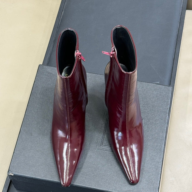 YSL 26S ZIPPERED HEELED BOOTS IN DARK RED SHINY CALFSKIN