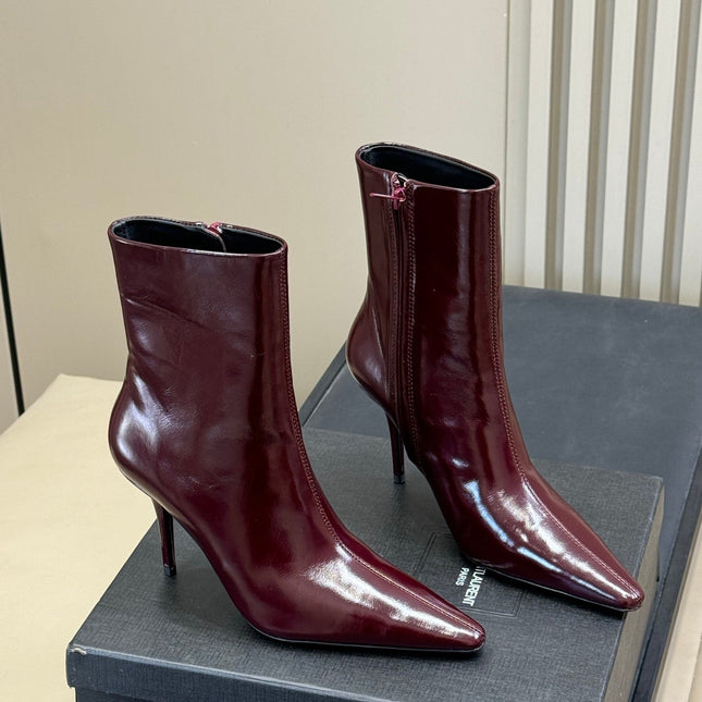 YSL 26S ZIPPERED HEELED BOOTS IN DARK RED SHINY CALFSKIN
