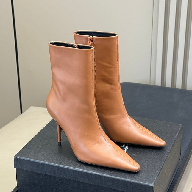 YSL 26S ZIPPERED HEELED BOOTS IN ORANGE BROWN CALFSKIN
