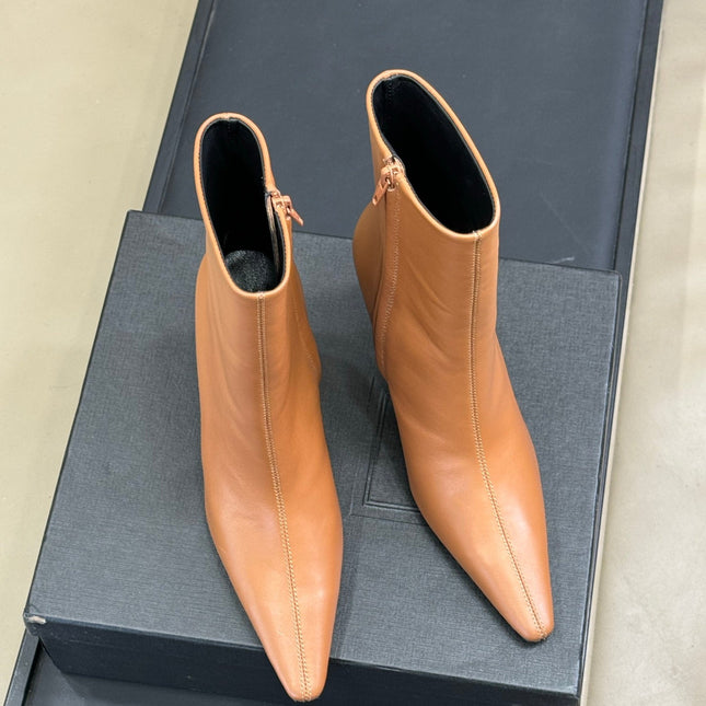 YSL 26S ZIPPERED HEELED BOOTS IN ORANGE BROWN CALFSKIN