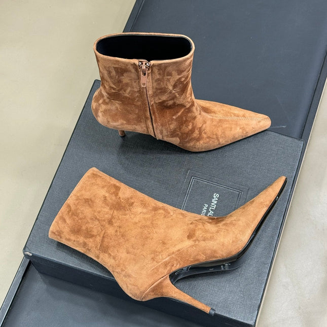 YSL 26S ZIPPERED HEELED BOOTS IN LIGHT BROWN SUEDE