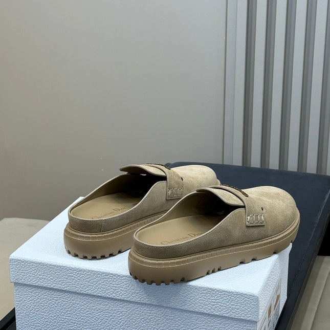 DIOR 26S BOY MULE IN DARK BEIGE SUEDE GOLD HARDWARE