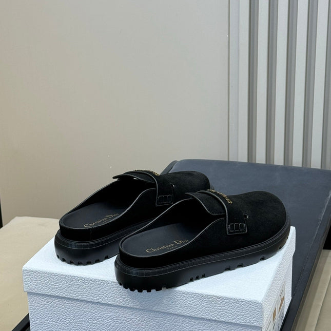 DIOR 26S BOY MULE IN BLACK SUEDE GOLD HARDWARE