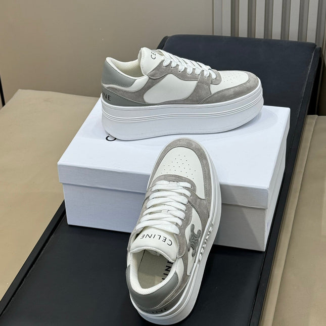 CELINE 26S WEDGE SNEAKERS IN WHITE CALFSKIN AND GREY SUEDE