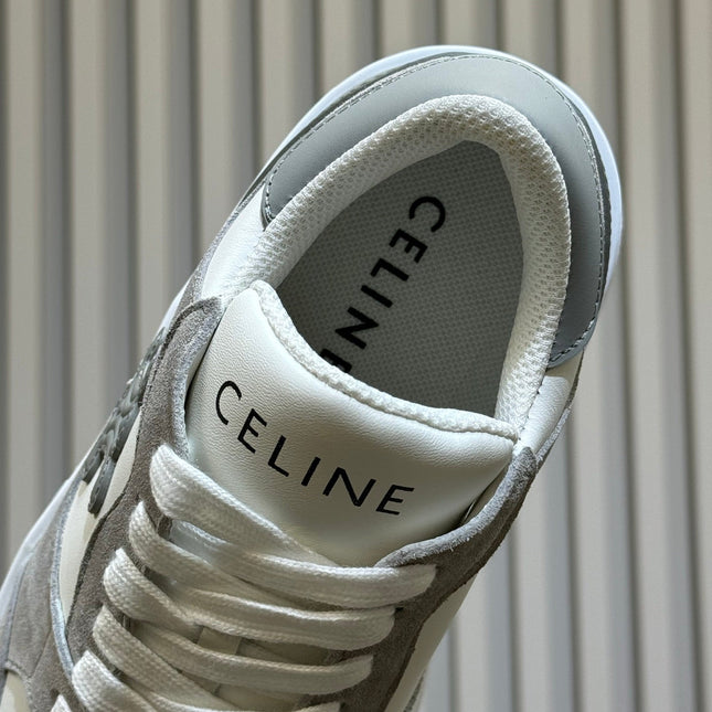 CELINE 26S WEDGE SNEAKERS IN WHITE CALFSKIN AND GREY SUEDE