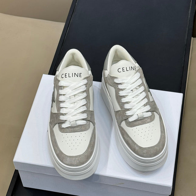 CELINE 26S WEDGE SNEAKERS IN WHITE CALFSKIN AND GREY SUEDE