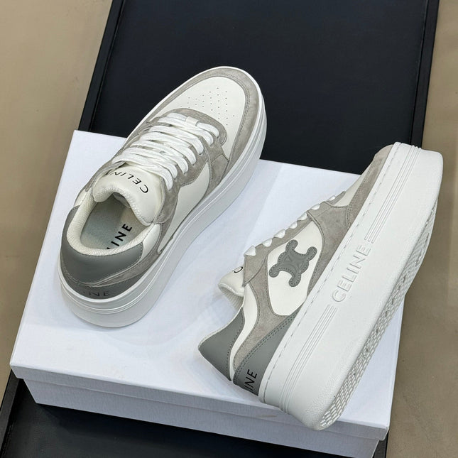 CELINE 26S WEDGE SNEAKERS IN WHITE CALFSKIN AND GREY SUEDE