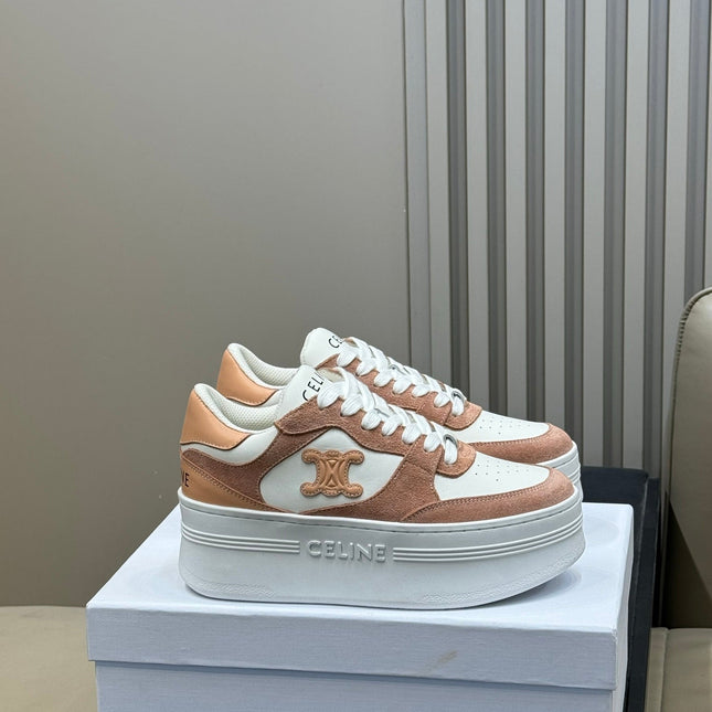 CELINE 26S WEDGE SNEAKERS IN WHITE CALFSKIN AND CARAMEL SUEDE