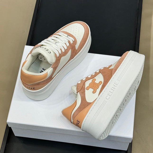 CELINE 26S WEDGE SNEAKERS IN WHITE CALFSKIN AND CARAMEL SUEDE