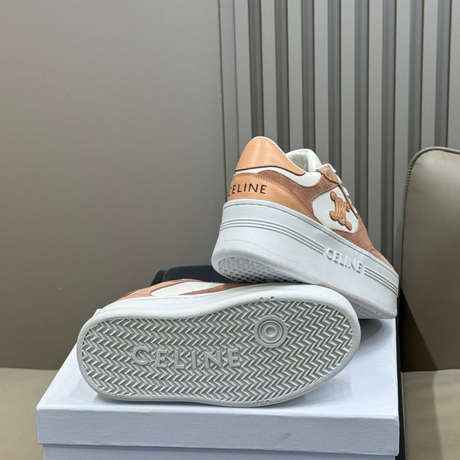 CELINE 26S WEDGE SNEAKERS IN WHITE CALFSKIN AND CARAMEL SUEDE