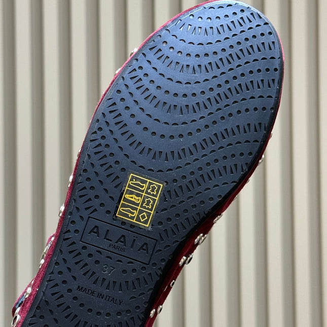 ALAIA 26S CROSS-STRAP FLATS IN DARK RED SUEDE WITH SILVER HARDWARE