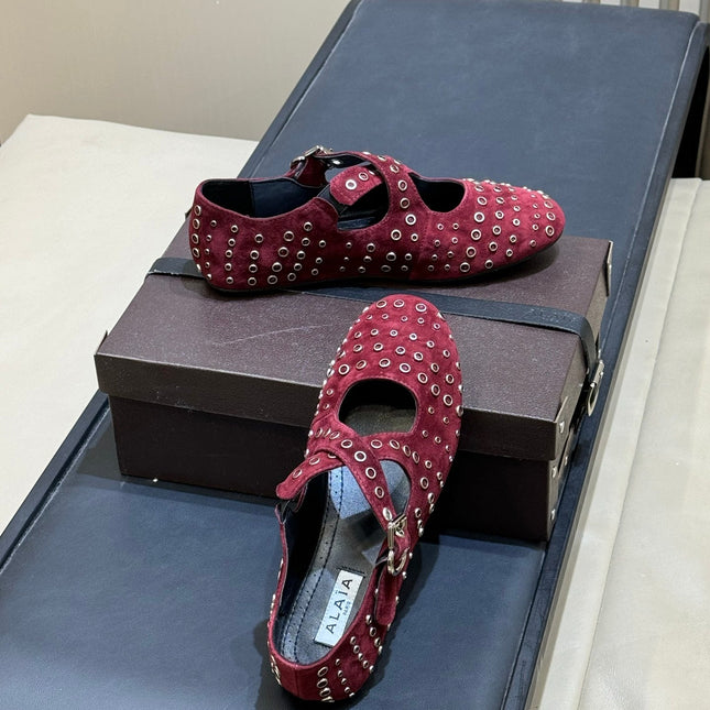 ALAIA 26S CROSS-STRAP FLATS IN DARK RED SUEDE WITH SILVER HARDWARE